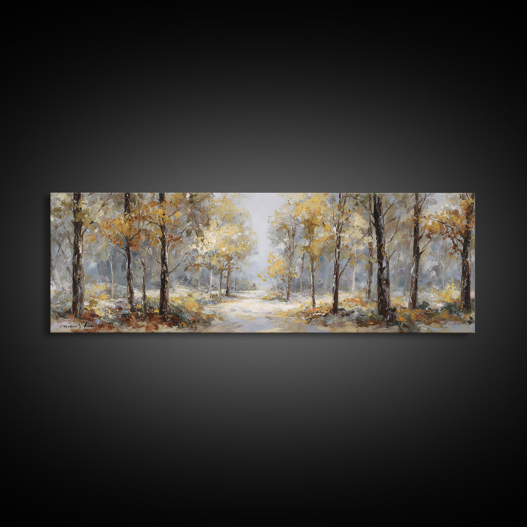 Woodland Path with Golden Autumn Atmosphere Framed Canvas Print, Art, Art Print, Living Room Decor, Fine Art, ART-3x1-87
