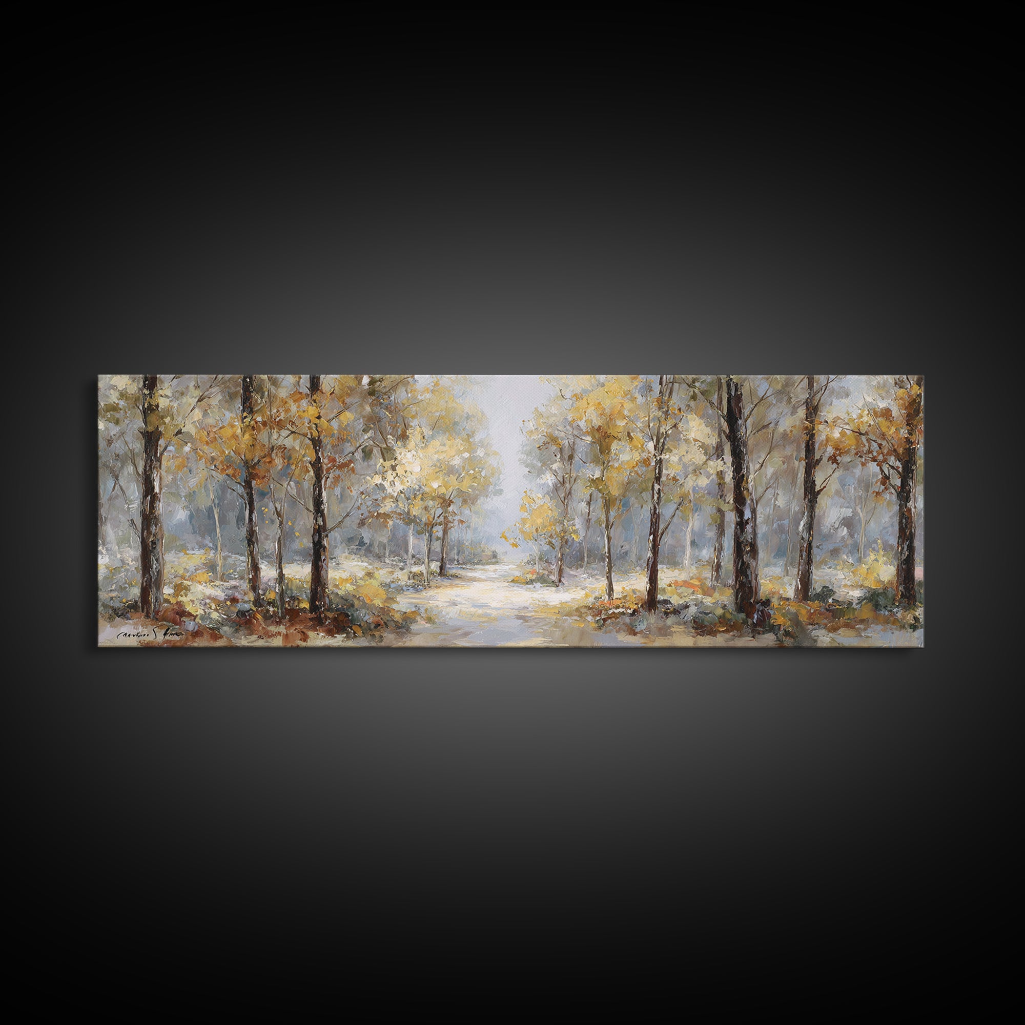 Woodland Path with Golden Autumn Atmosphere Framed Canvas Print, Art, Art Print, Living Room Decor, Fine Art, ART-3x1-87