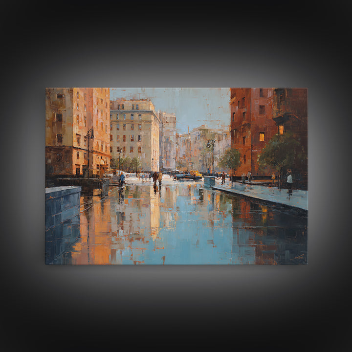 Moody City Scene Reflected Framed Canvas Print, Art, Living Room Decor, Fine Art, Art Nouveau, Framed Wall Art, ART-3x2-14