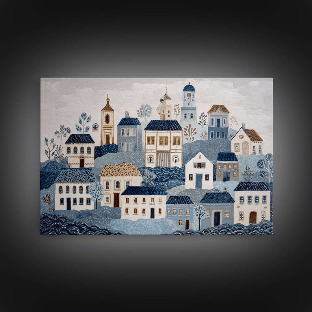 Naive Folk Art Village Framed Canvas Print, Art, Wall Art Prints, Living Room Decor, Fine Art, Ai Art, Textured Wall Art, ART-3x2-24