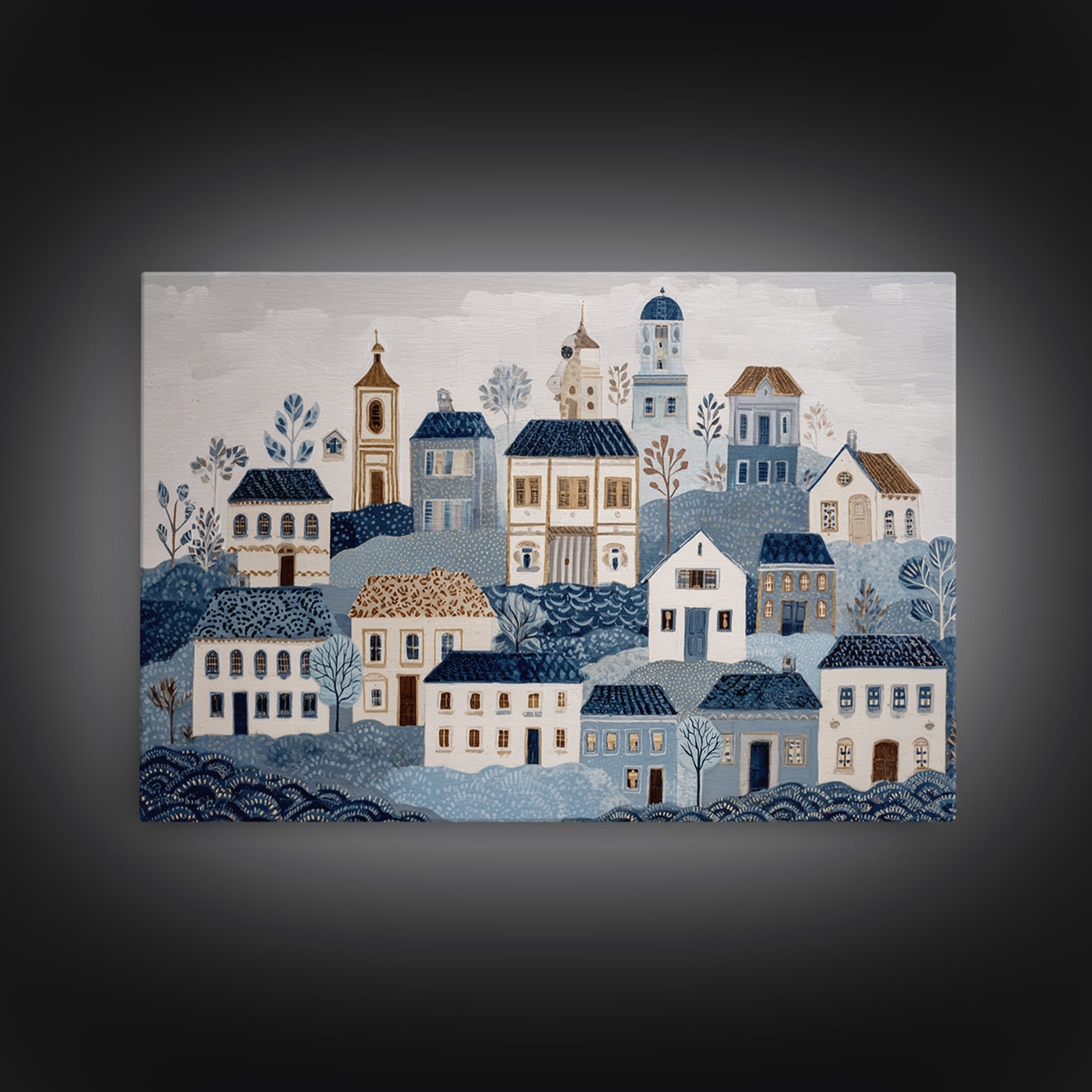 Naive Folk Art Village Framed Canvas Print, Art, Wall Art Prints, Living Room Decor, Fine Art, Ai Art, Textured Wall Art, ART-3x2-24