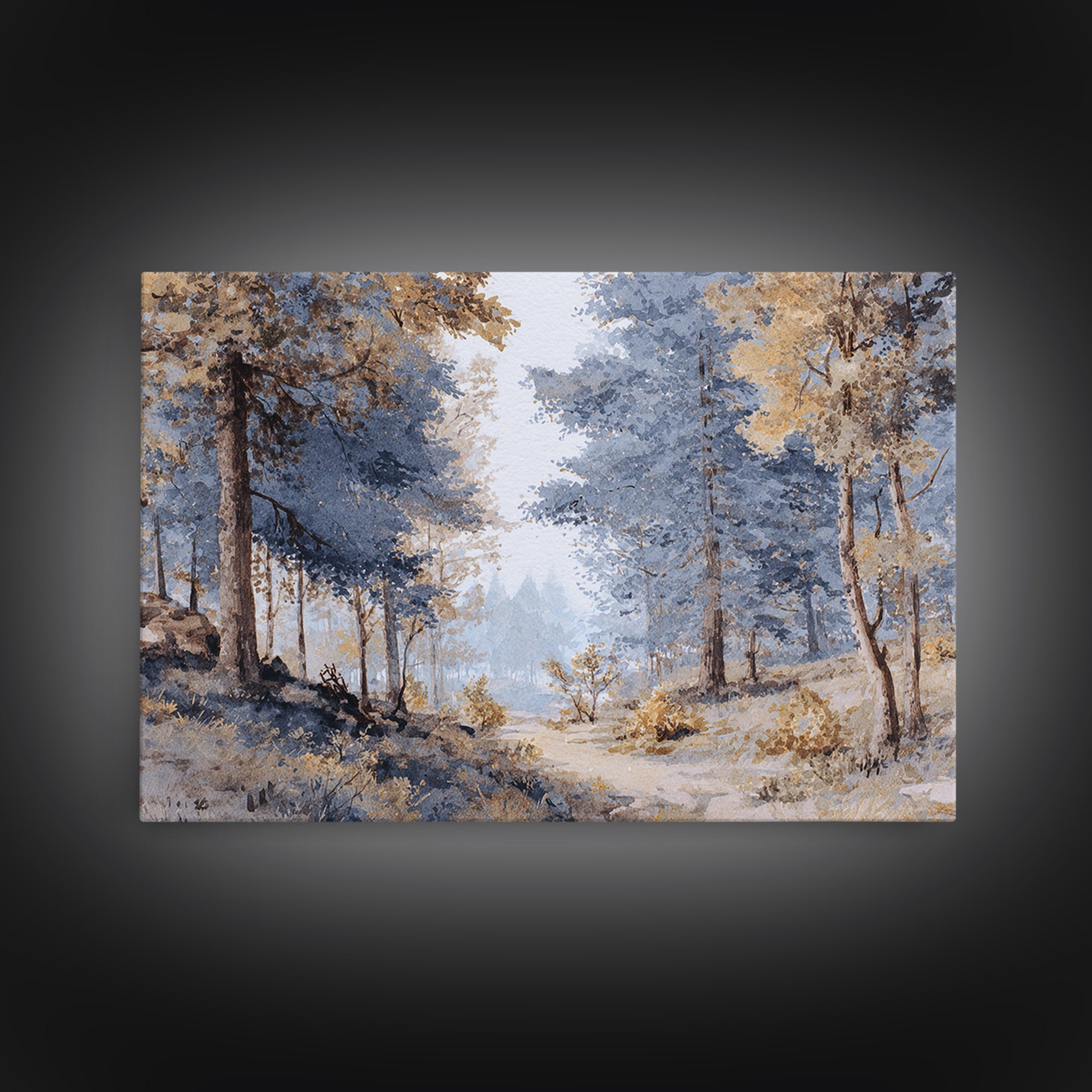 Woodland Path with Golden Autumn Atmosphere Framed Canvas Print, Art, Art Commission, Living Room Decor, Fine Art, ART-3x2-27