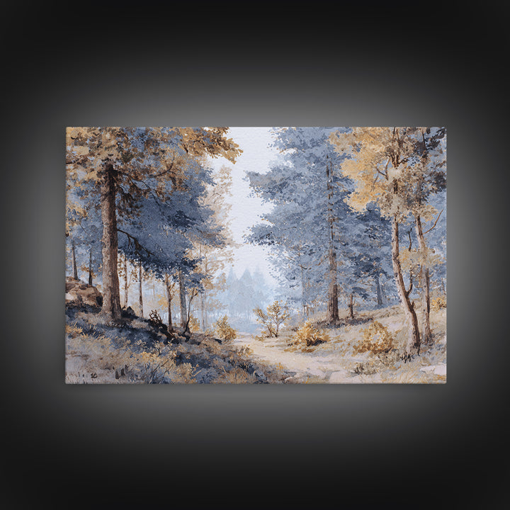 Woodland Path with Golden Autumn Atmosphere Framed Canvas Print, Art, Art Commission, Living Room Decor, Fine Art, ART-3x2-27