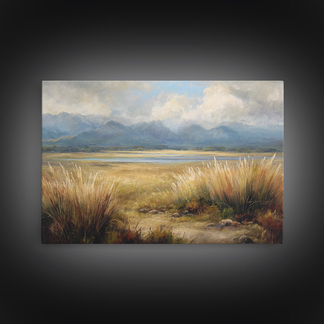 Quiet Mountain Scene Framed Canvas Print, Art, Canvas Wall Art, Living Room Decor, Fine Art, Boho Wall Art, Pink Wall Art, ART-3x2-45