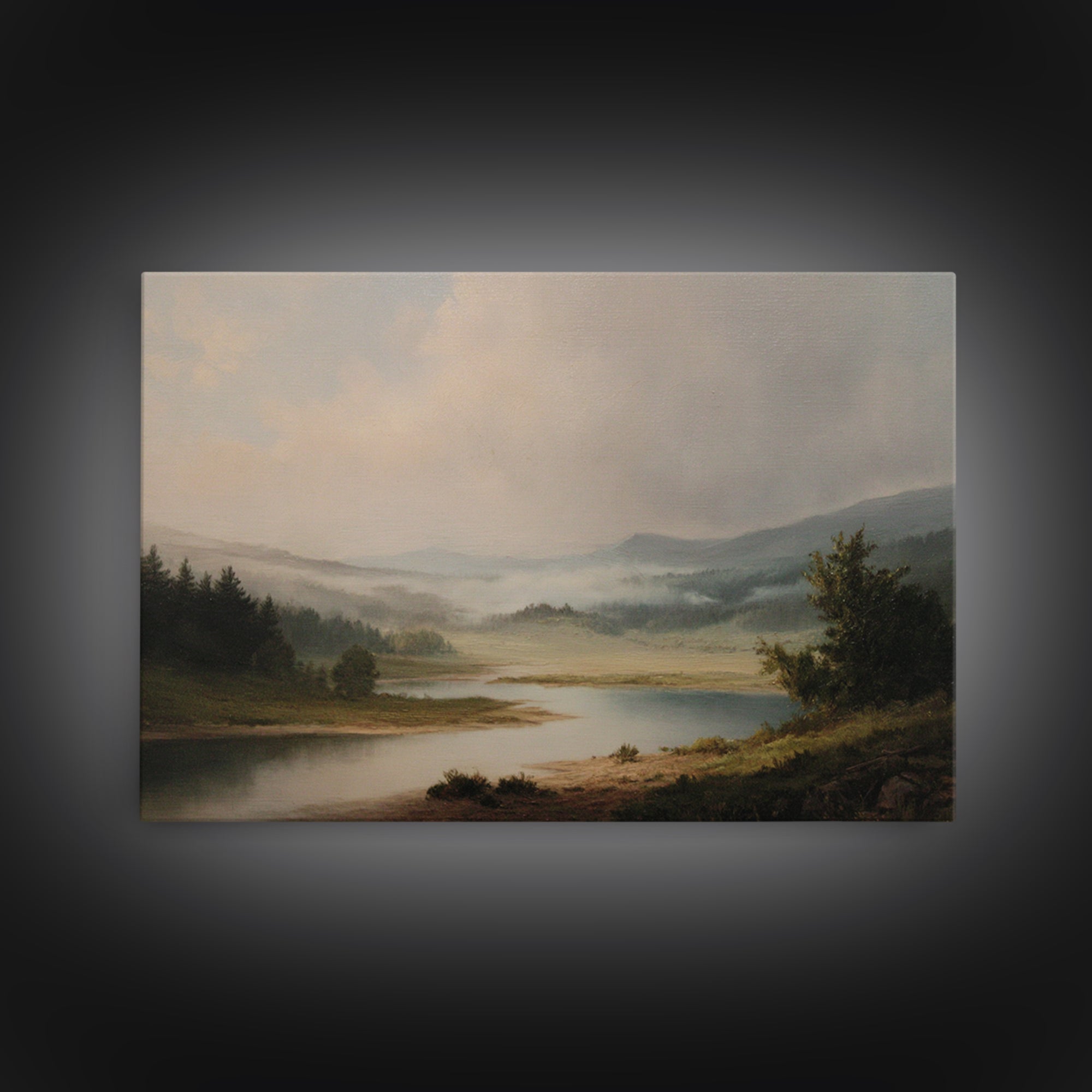 Classic Landscape with Winding River and Atmospheric Framed Canvas Print, Art, Framed Wall Art, Living Room Decor, Fine Art, ART-3x2-79