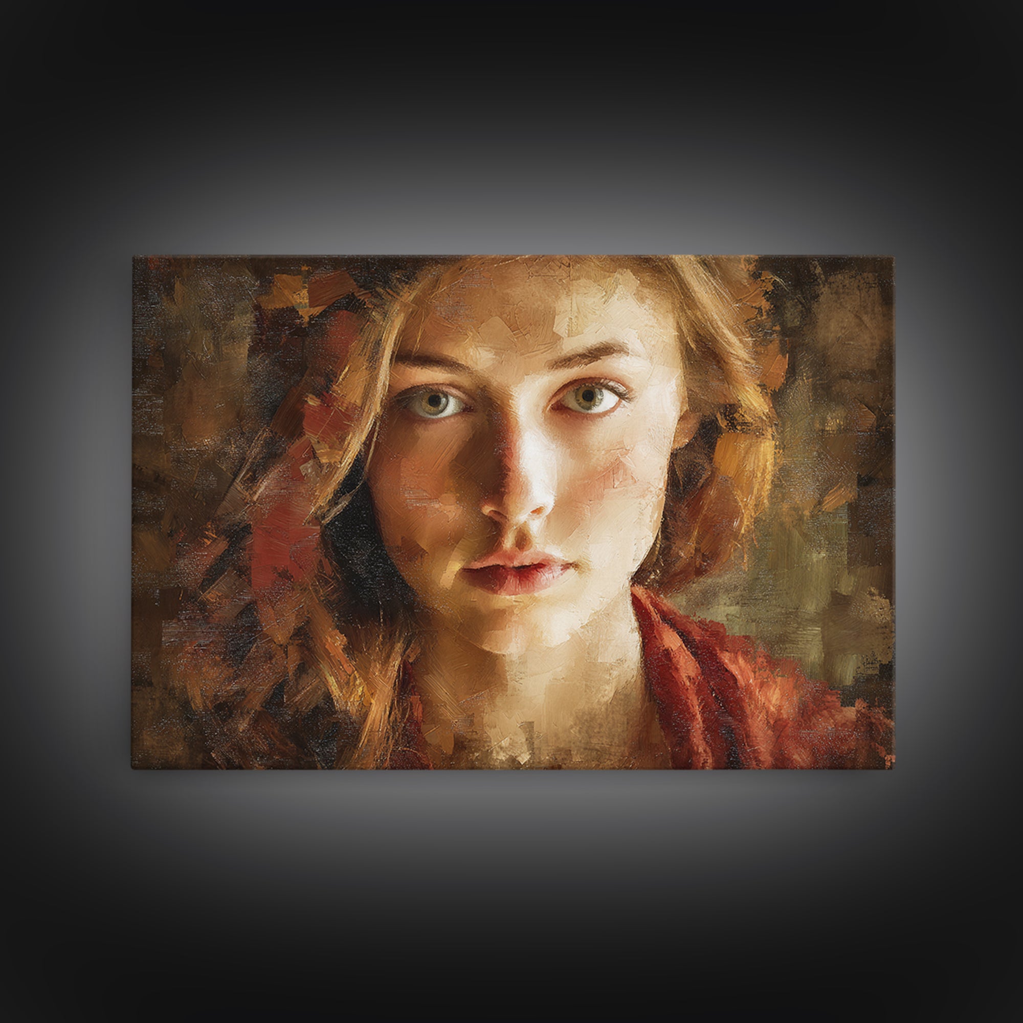 Expressive Portrait with Dramatic Light and Textured Framed Canvas Print, Art, Art Prints, Living Room Decor, Fine Art, ART-3x2-8
