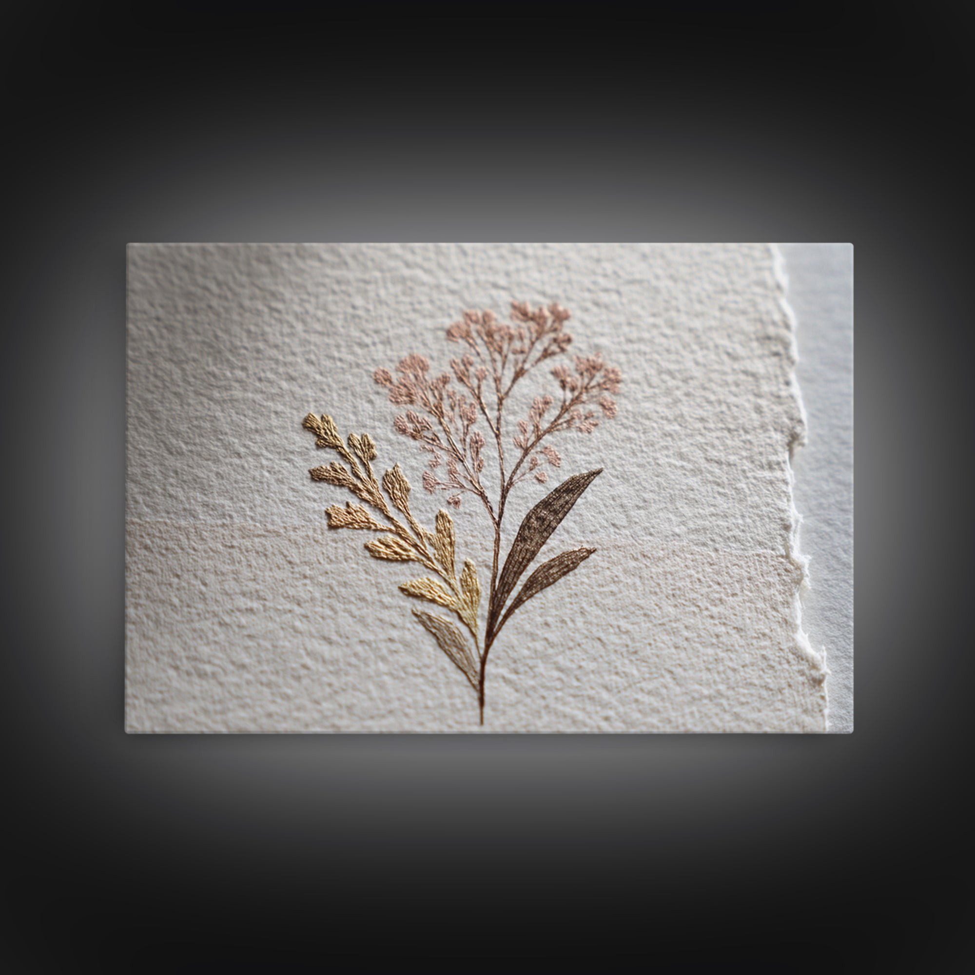 Minimal Botanical Ink Drawing on Handmade Paper Framed Canvas Print, Art, Ai Art, Living Room Decor, Watercolor Art, ART-3x2-81