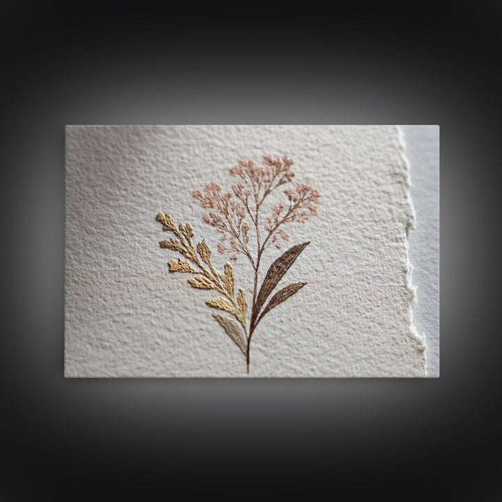 Minimal Botanical Ink Drawing on Handmade Paper Framed Canvas Print, Art, Ai Art, Living Room Decor, Watercolor Art, ART-3x2-81