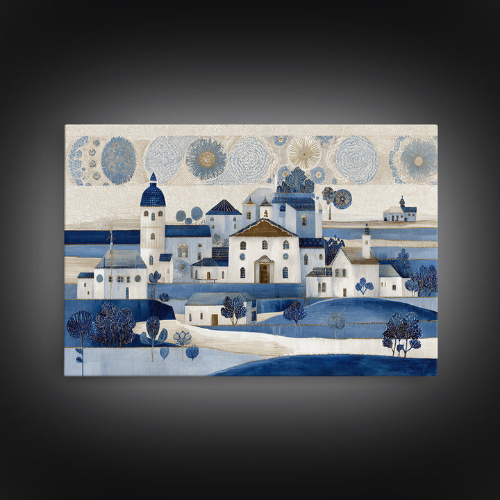 Naive Folk Art Village Framed Canvas Print, Art, Pink Wall Art, Living Room Decor, Fine Art, Textured Painting, ART-3x2-96