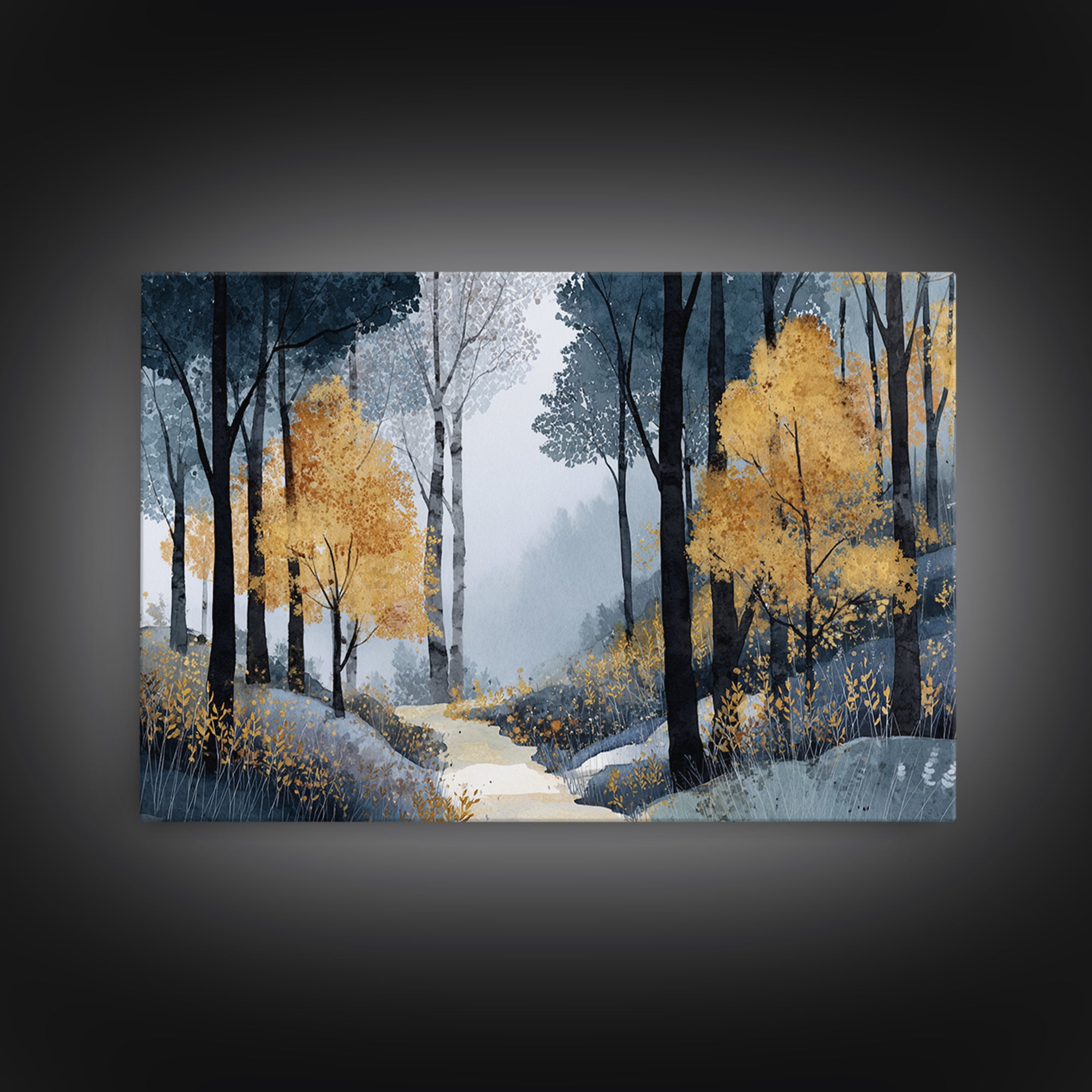 Woodland Path with Golden Autumn Atmosphere Framed Canvas Print, Art, Home Decor, Living Room Decor, Fine Art, ART-3x2-99