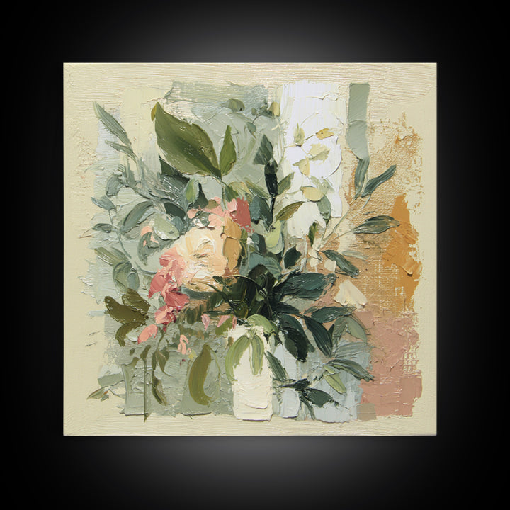 Large Botanical Leaves Framed Canvas Print, Above Sofa Art, 3 Piece Wall Art, Living Room Decor, Oil Painting, Statement, ASA-1x1-21