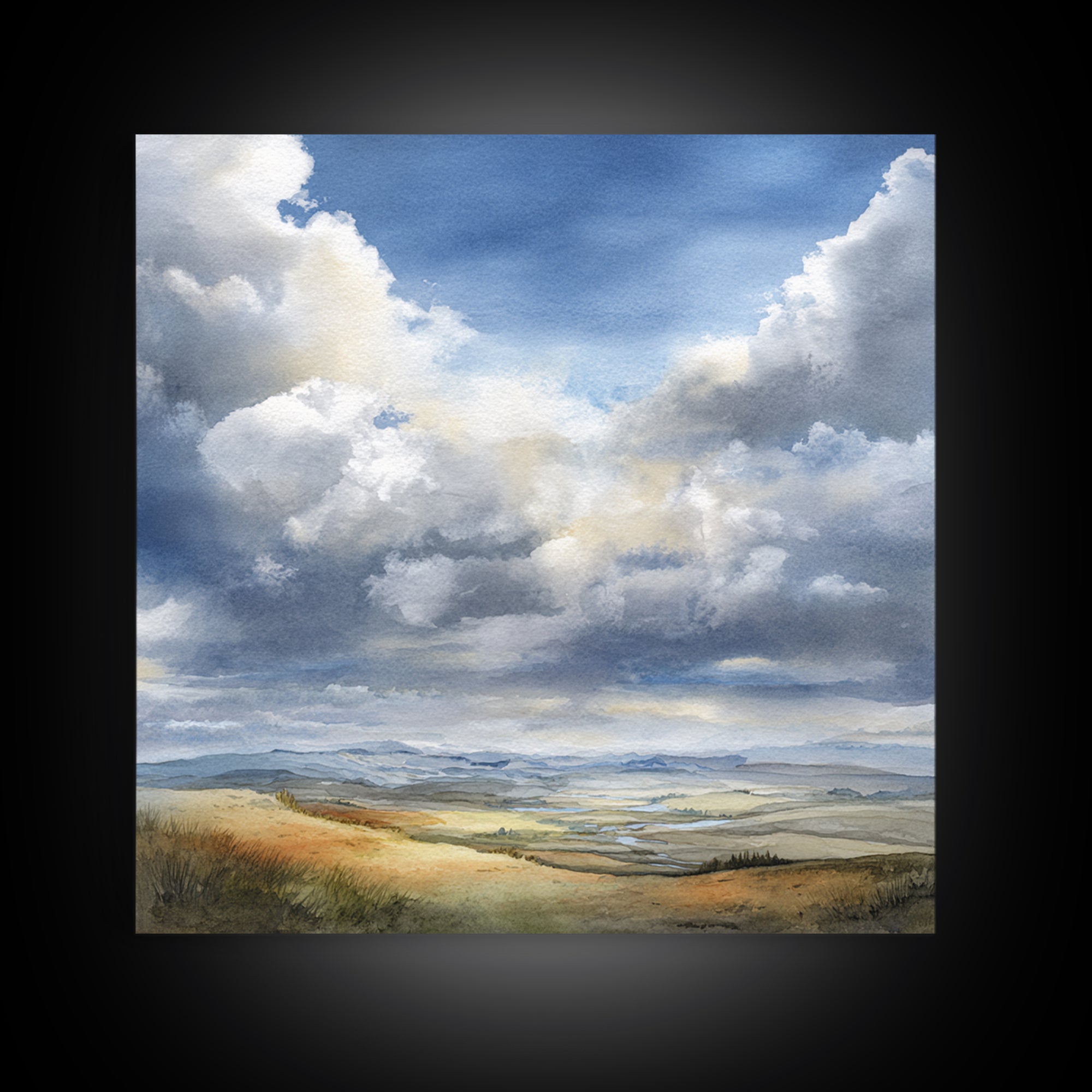 Dramatic Cloudscape over a Distant Valley Canvas Print, Above Sofa Art, Bauhaus Print, Living Room Decor, Statement, ASA-1x1-29