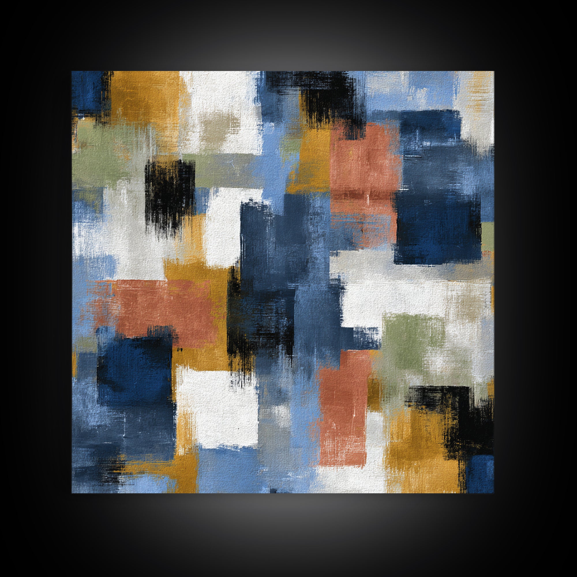 Bold Navy and Ivory Abstract Brushwork Framed Canvas Print, Above Sofa Art, Living Room Wall Art, Living Room Decor, Statement, ASA-1x1-42