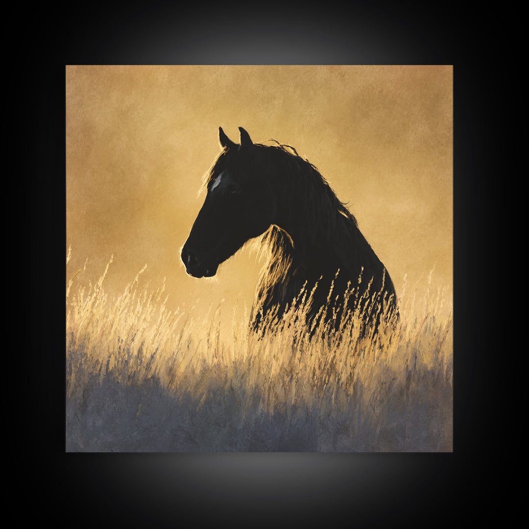 Statement Horse Silhouette Framed Canvas Print, Above Sofa Art, Japandi Wall Art, Living Room Decor, Oil Painting, Statement, ASA-1x1-61