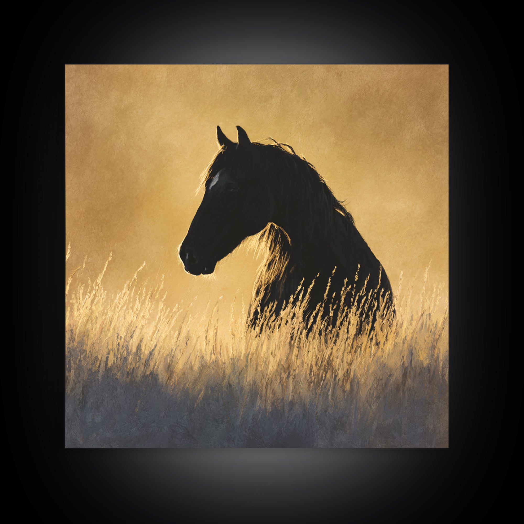Statement Horse Silhouette Framed Canvas Print, Above Sofa Art, Japandi Wall Art, Living Room Decor, Oil Painting, Statement, ASA-1x1-61