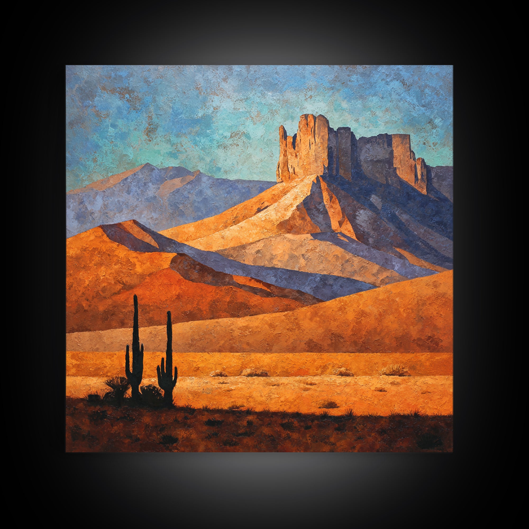 Desert Mesa Panorama Framed Canvas Print, Above Sofa Art, Above Bed Decor, Living Room Decor, Oil Painting, Statement, ASA-1x1-68