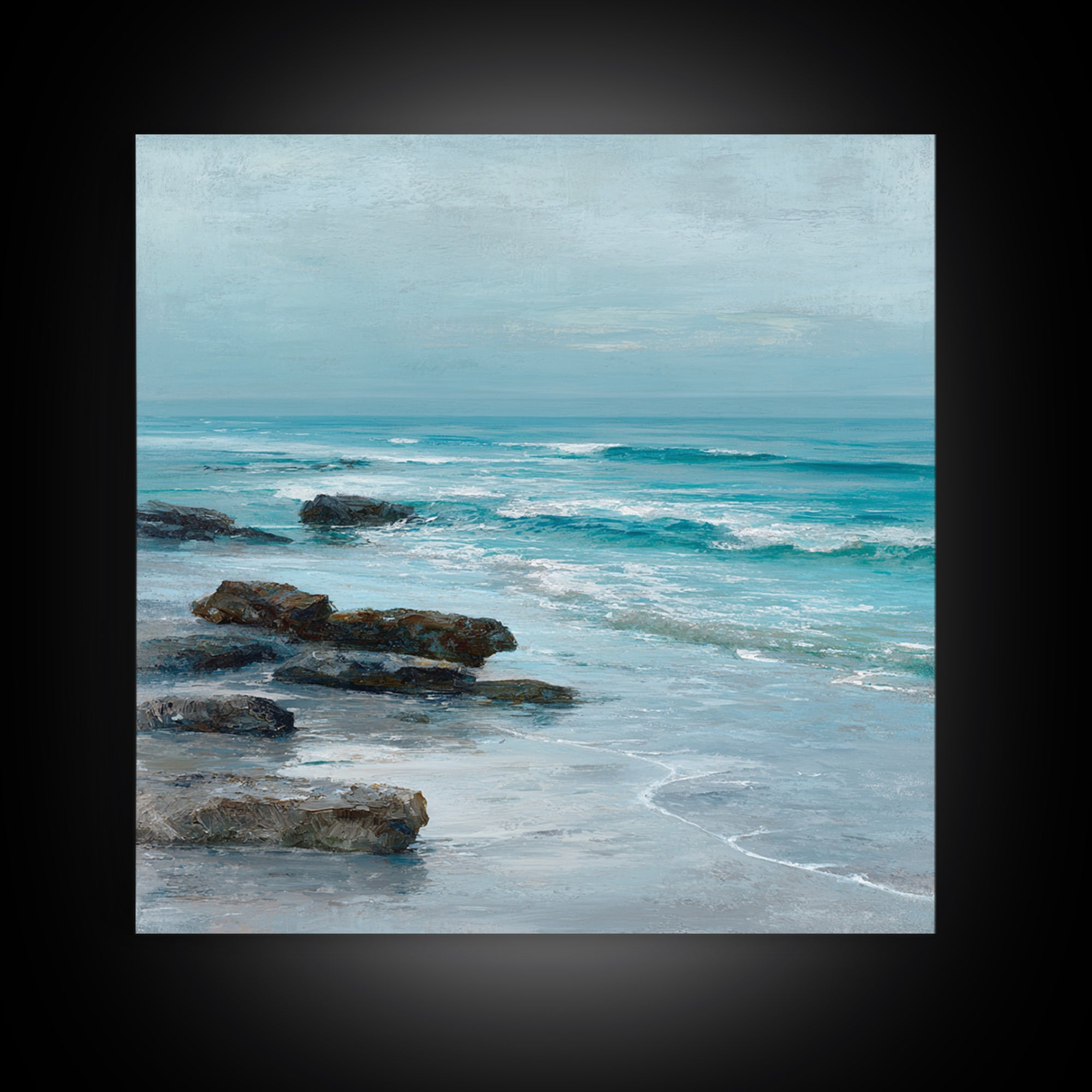 Moody Seascape at Twilight Framed Canvas Print, Above Sofa Art, Coastal Decor, Living Room Decor, Abstract Art, Statement, ASA-1x1-84