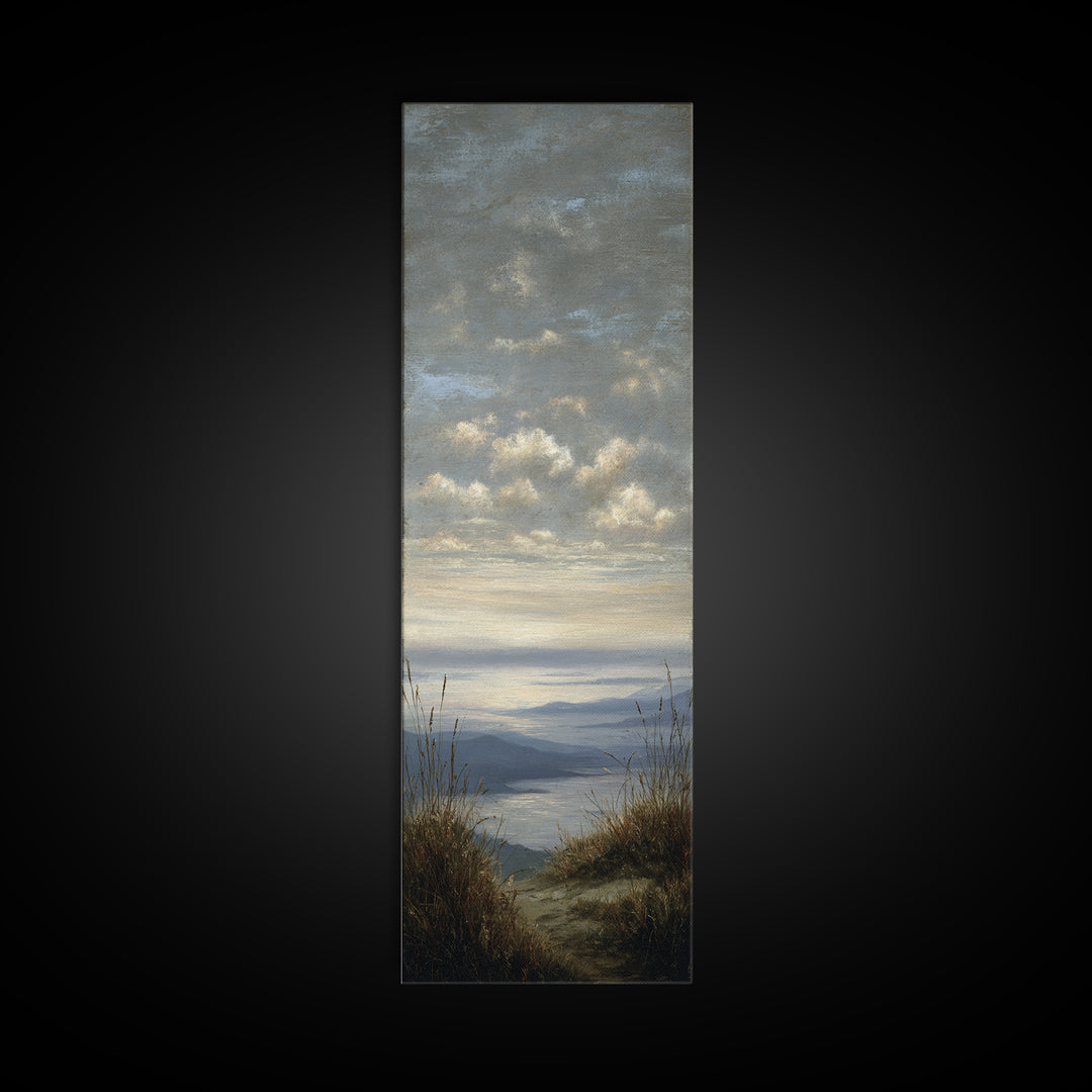 Dramatic Cloudscape over a Distant Valley Canvas Print, Above Sofa Art, Boho Wall Art, Living Room Decor, Watercolor Art, ASA-1x3-41
