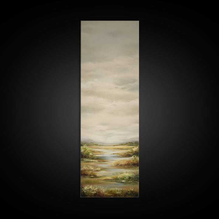 Wide Olive and Beige Meadow Panorama Framed Canvas Print, Above Sofa Art, Coastal Wall Art, Living Room Decor, Statement, ASA-1x3-70