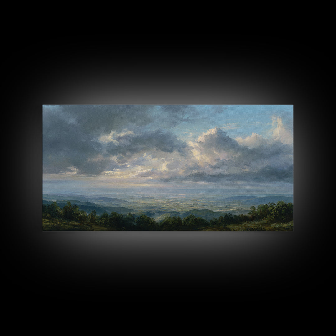 Dramatic Cloudscape over a Distant Valley Framed Canvas Print, Above Sofa Art, Living Room Decor, Oil Painting, Statement, ASA-2x1-25