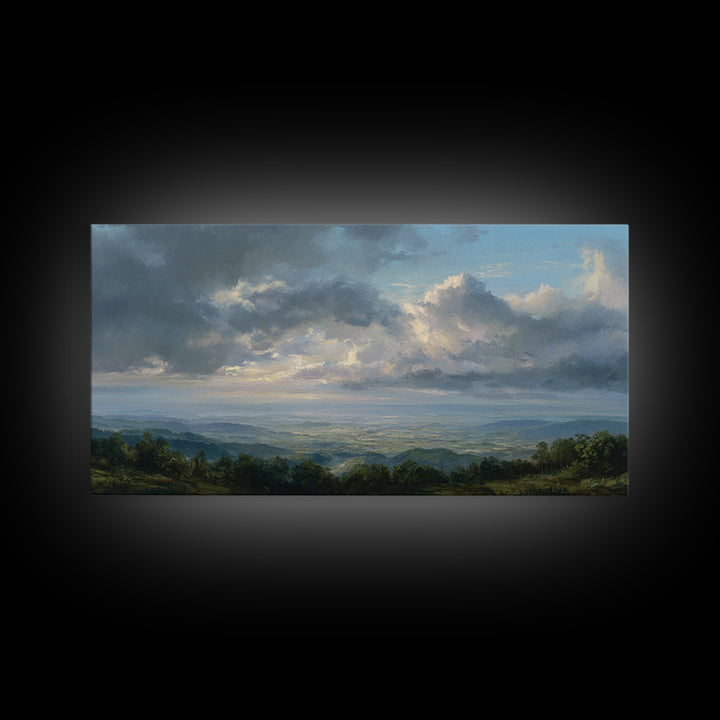 Dramatic Cloudscape over a Distant Valley Framed Canvas Print, Above Sofa Art, Living Room Decor, Oil Painting, Statement, ASA-2x1-25