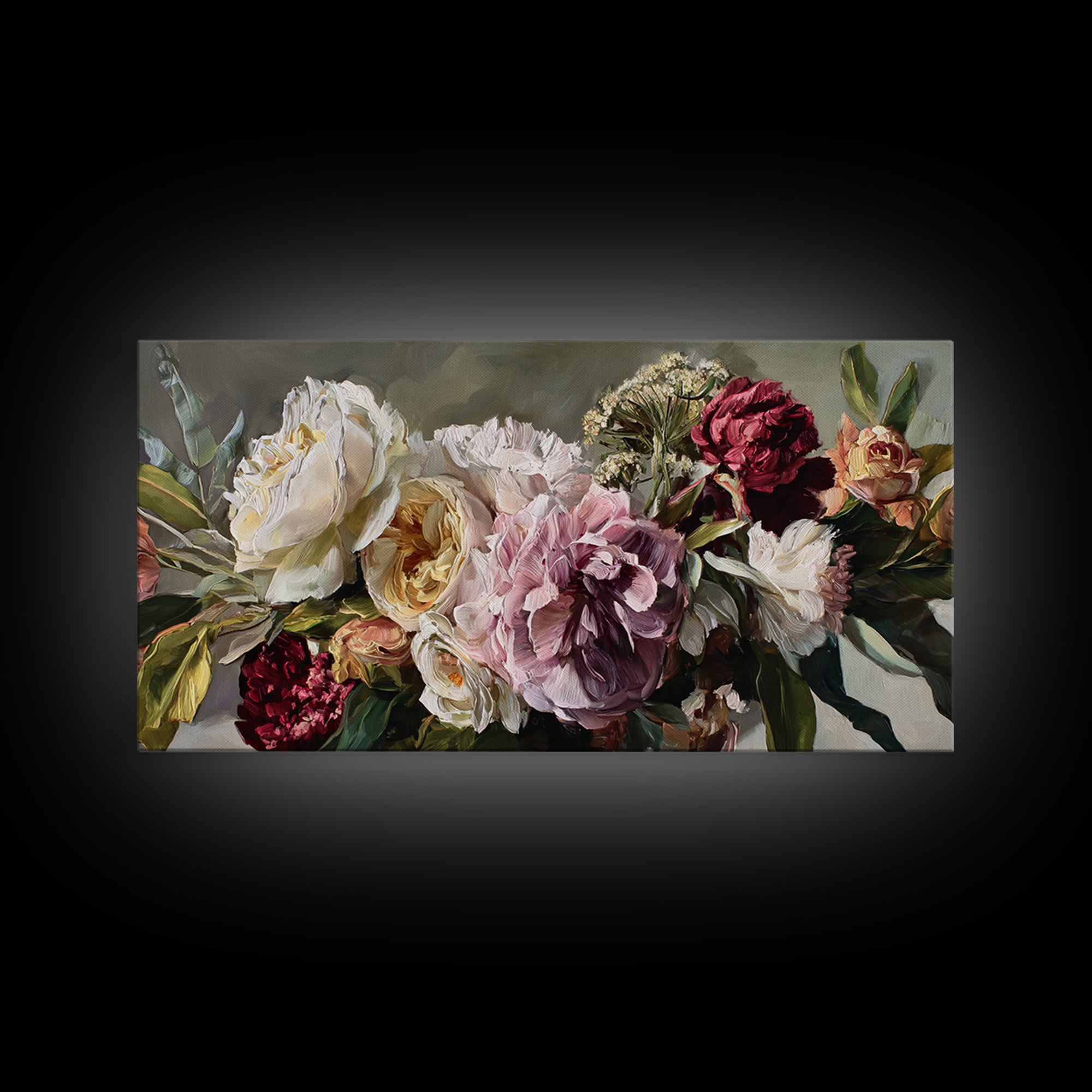 Large Expressive Floral Bouquet Framed Canvas Print, Above Sofa Art, Luxury Decor, Living Room Decor, Oil Painting, Statement, ASA-2x1-50