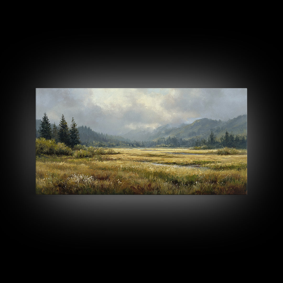 Wide Olive and Beige Meadow Panorama Framed Canvas Print, Above Sofa Art, Modern Decor, Living Room Decor, Oil Painting, ASA-2x1-6
