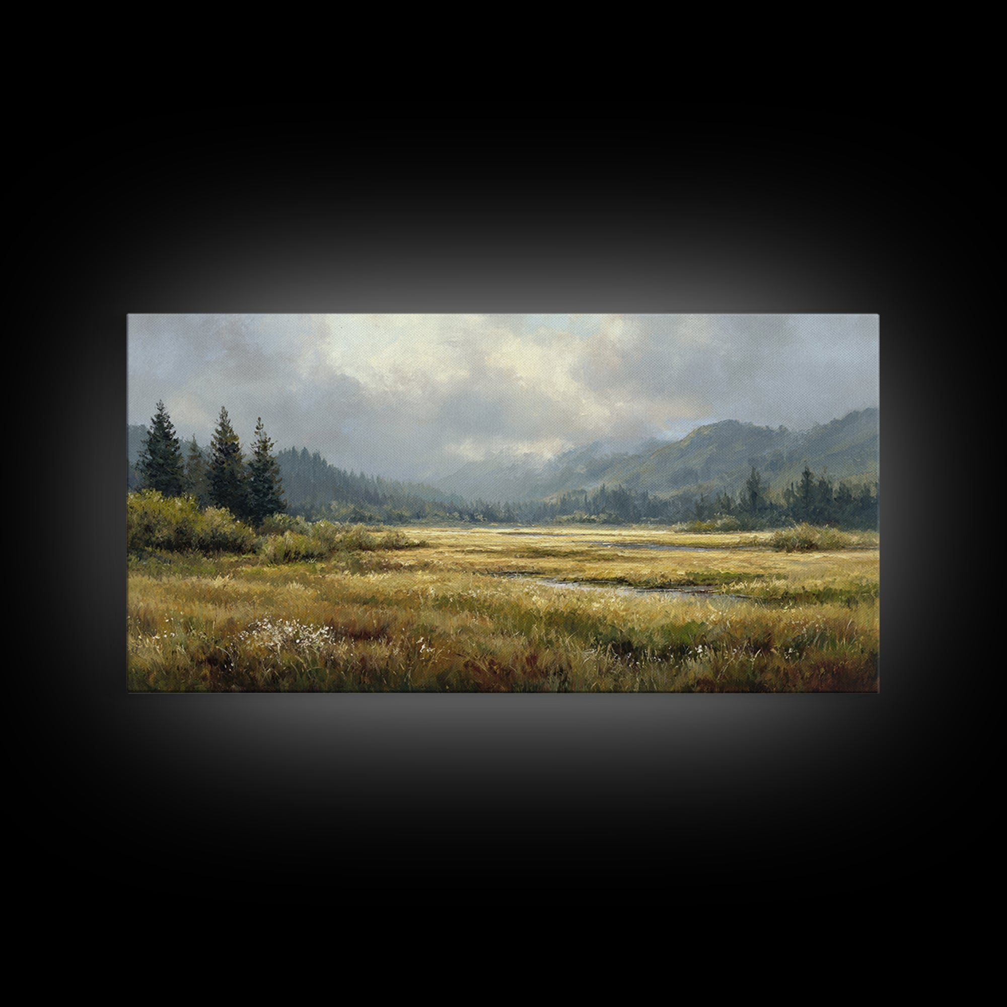 Wide Olive and Beige Meadow Panorama Framed Canvas Print, Above Sofa Art, Modern Decor, Living Room Decor, Oil Painting, ASA-2x1-6