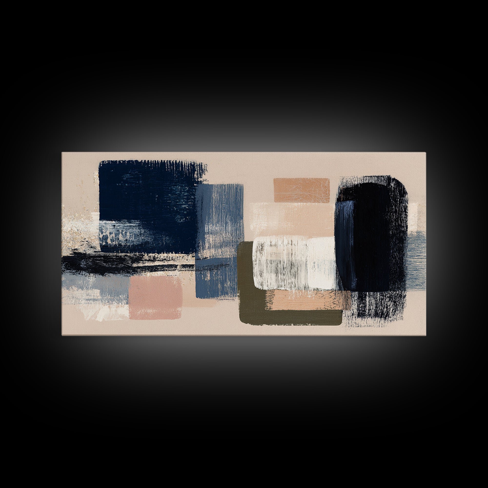 Bold Navy and Ivory Abstract Brushwork Canvas Print, Above Sofa Art, Textured Painting, Living Room Decor, Statement, ASA-2x1-86