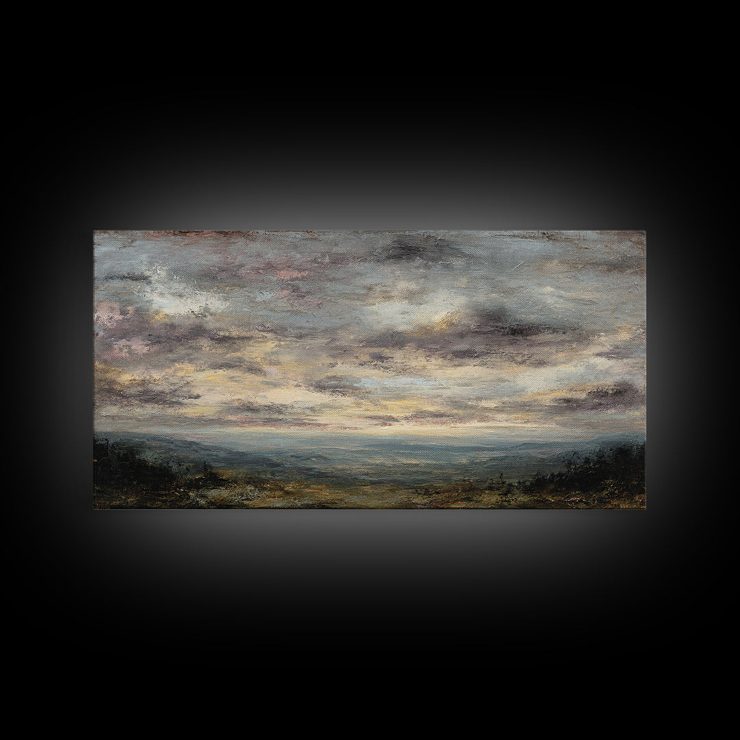 Dramatic Cloudscape over a Distant Valley Framed Canvas Print, Above Sofa Art, Canvas Wall Art, Living Room Decor, Statement, ASA-2x1-97