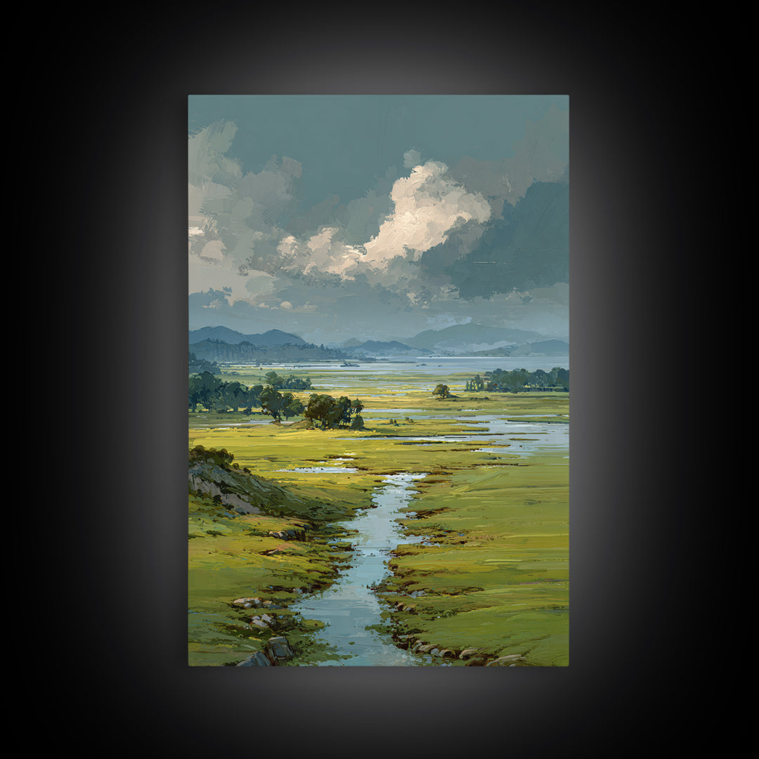 Wide Olive and Beige Meadow Panorama Framed Canvas Print, Above Sofa Art, Living Room Decor, Oil Painting, Statement, ASA-2x3-90