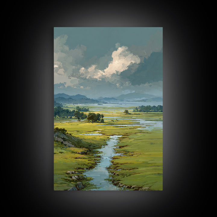 Wide Olive and Beige Meadow Panorama Framed Canvas Print, Above Sofa Art, Living Room Decor, Oil Painting, Statement, ASA-2x3-90