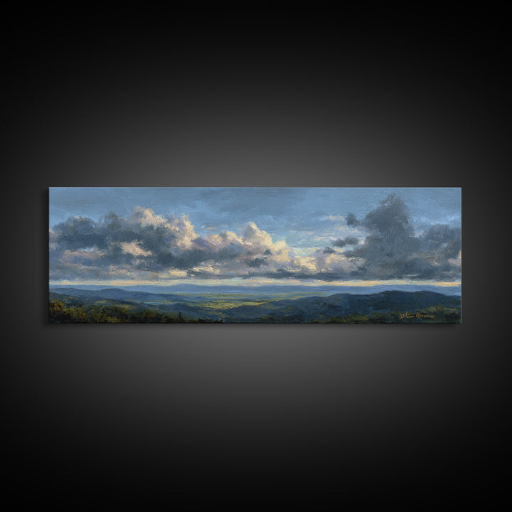 Dramatic Cloudscape over a Distant Valley Canvas Print, Above Sofa Art, Boho Wall Art, Living Room Decor, Watercolor Art, ASA-3x1-21