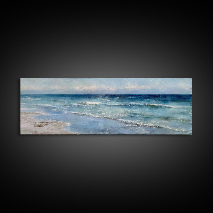 Moody Seascape at Twilight Framed Canvas Print, Above Sofa Art, Modern Art, Living Room Decor, Oil Painting, Statement, ASA-3x1-28