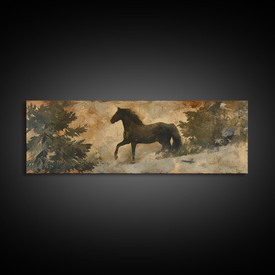 Statement Horse Silhouette Canvas Print, Above Sofa Art, Farmhouse Decor, Living Room Decor, Oil Painting, Statement, ASA-3x1-29