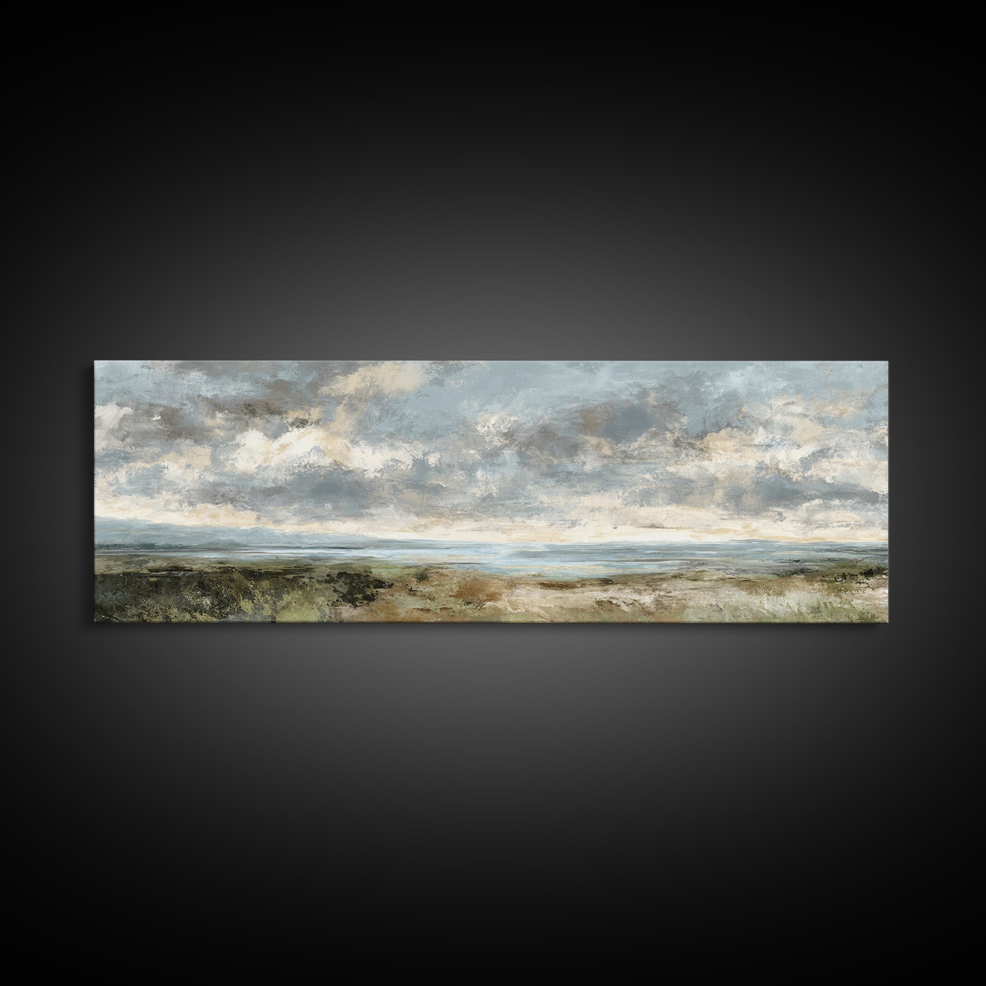 Dramatic Cloudscape over a Distant Valley Canvas Print, Above Sofa Art, Boho Wall Art, Living Room Decor, Watercolor Art, ASA-3x1-45