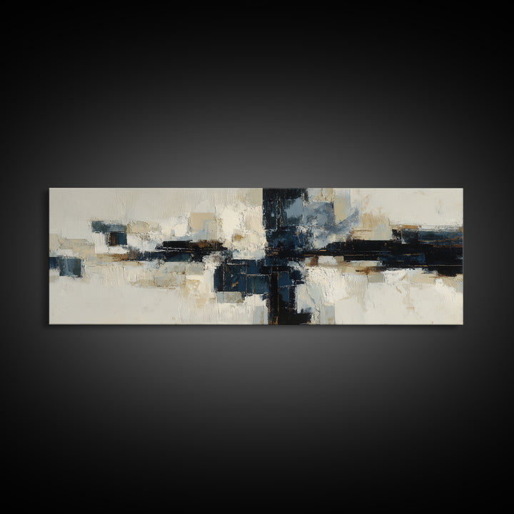 Bold Navy and Ivory Abstract Brushwork Framed Canvas Print, Above Sofa Art, Farmhouse Decor, Living Room Decor, Statement, ASA-3x1-58