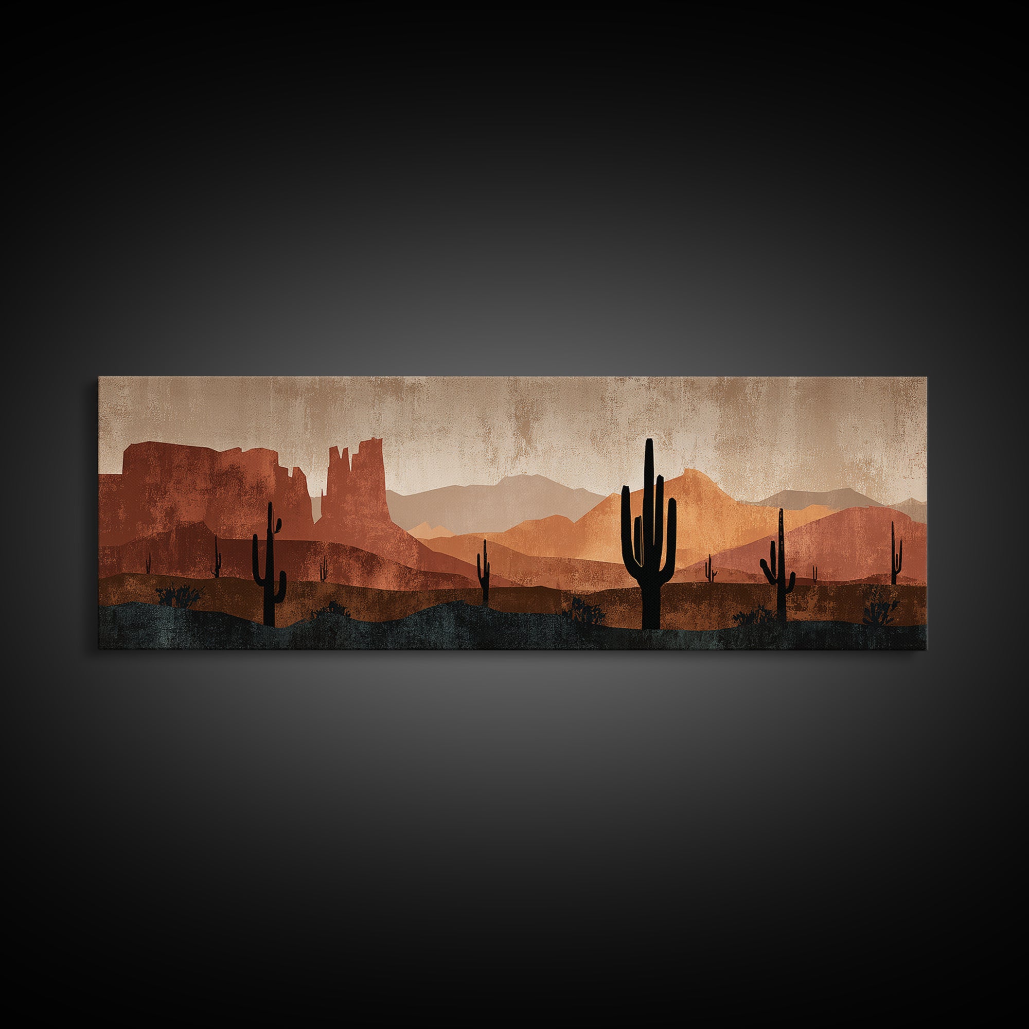 Desert Mesa Panorama Framed Canvas Print, Above Sofa Art, Fine Art Print, Living Room Decor, Oil Painting, Statement, ASA-3x1-60