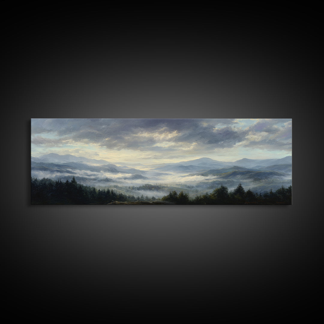 Dramatic Cloudscape over a Distant Valley Framed Canvas Print, Above Sofa Art, Canvas Print, Living Room Decor, Statement, ASA-3x1-69