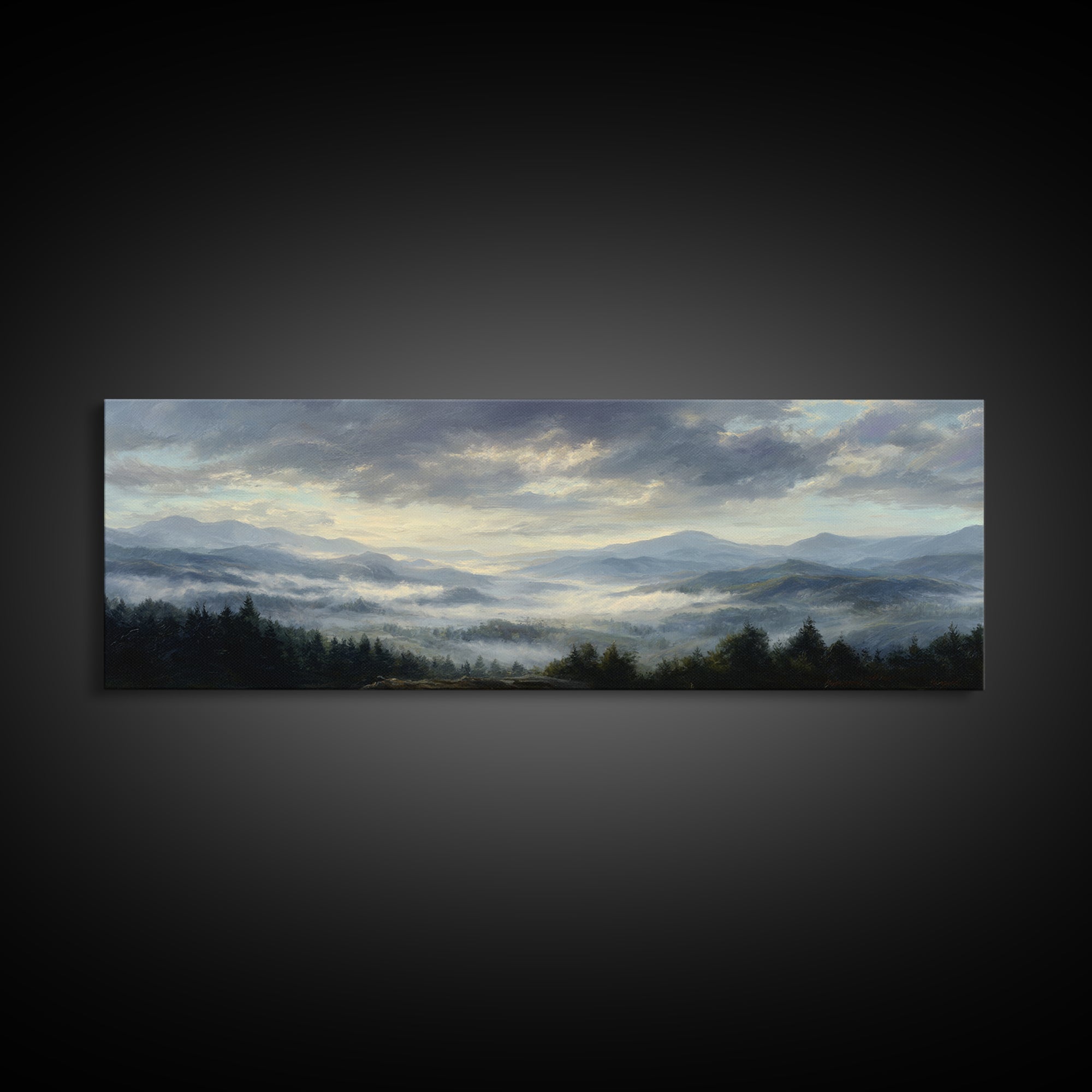 Dramatic Cloudscape over a Distant Valley Framed Canvas Print, Above Sofa Art, Canvas Print, Living Room Decor, Statement, ASA-3x1-69