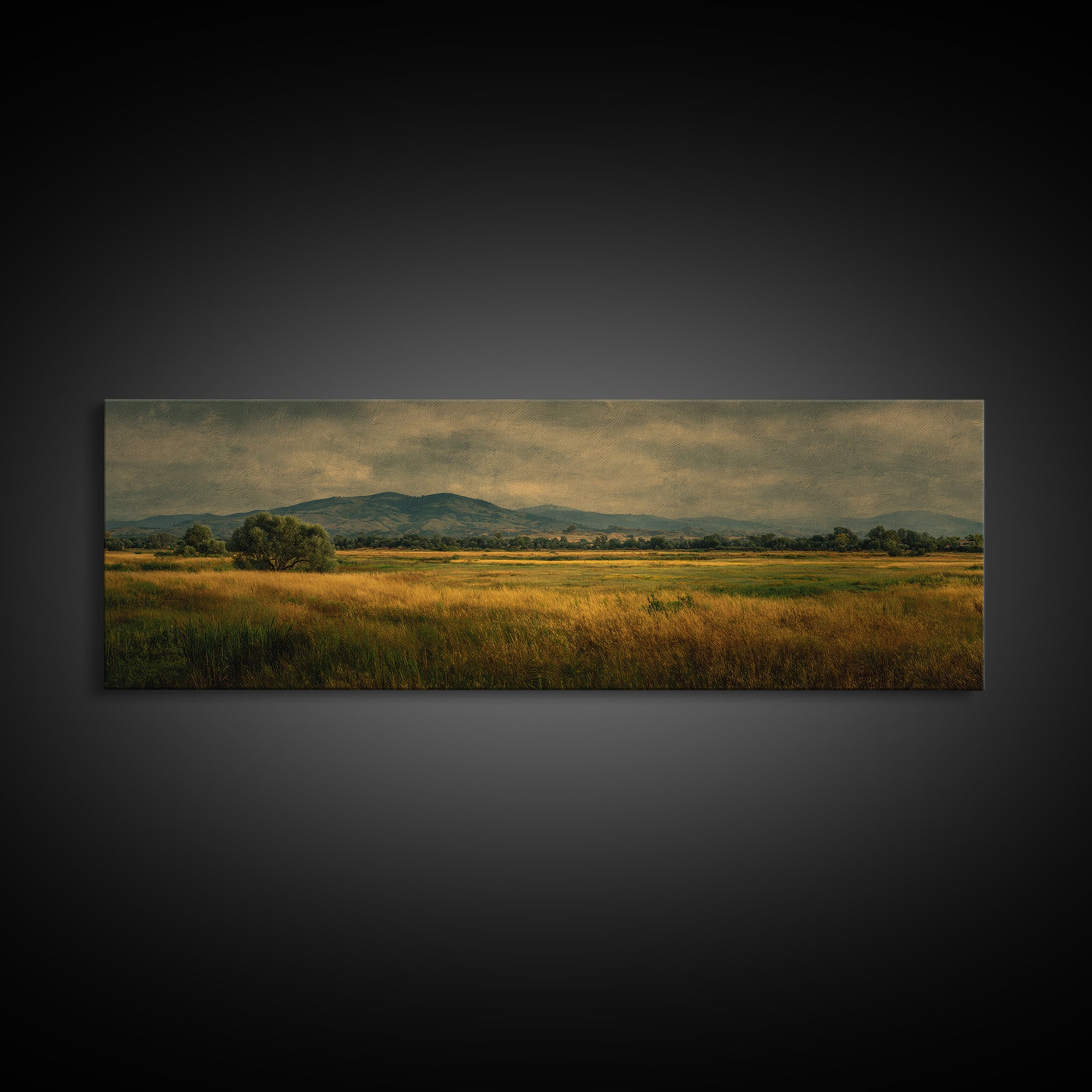 Wide Olive and Beige Meadow Panorama Framed Canvas Print, Above Sofa Art, Boho Wall Art, Living Room Decor, Fine Art, Statement, ASA-3x1-74