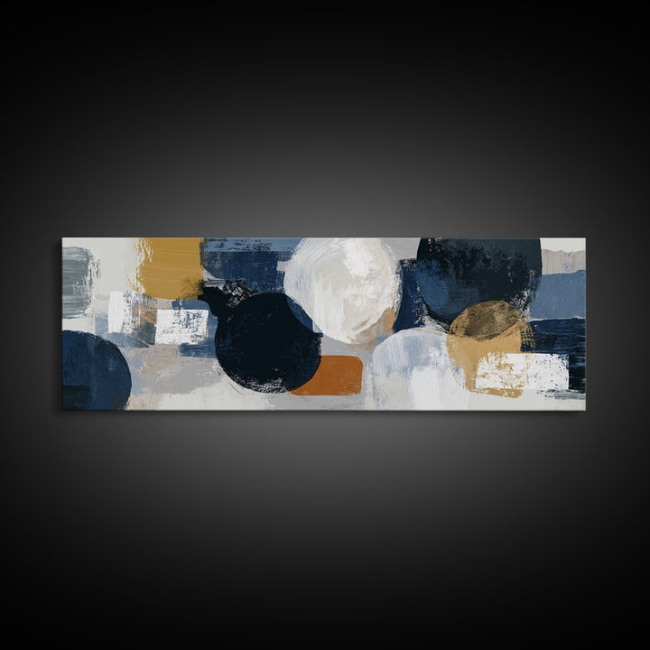 Bold Navy and Ivory Abstract Brushwork Framed Canvas Print, Above Sofa Art, Farmhouse Decor, Living Room Decor, Statement, ASA-3x1-82