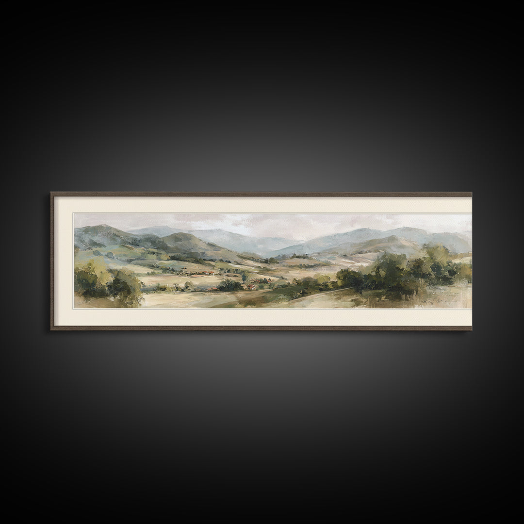 Sunlit Rolling Hills Framed Canvas Print, Above Sofa Art, Mid Century Modern, Living Room Decor, Fine Art, Statement, ASA-3x1-9