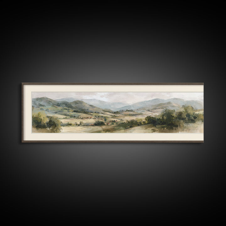 Sunlit Rolling Hills Framed Canvas Print, Above Sofa Art, Mid Century Modern, Living Room Decor, Fine Art, Statement, ASA-3x1-9