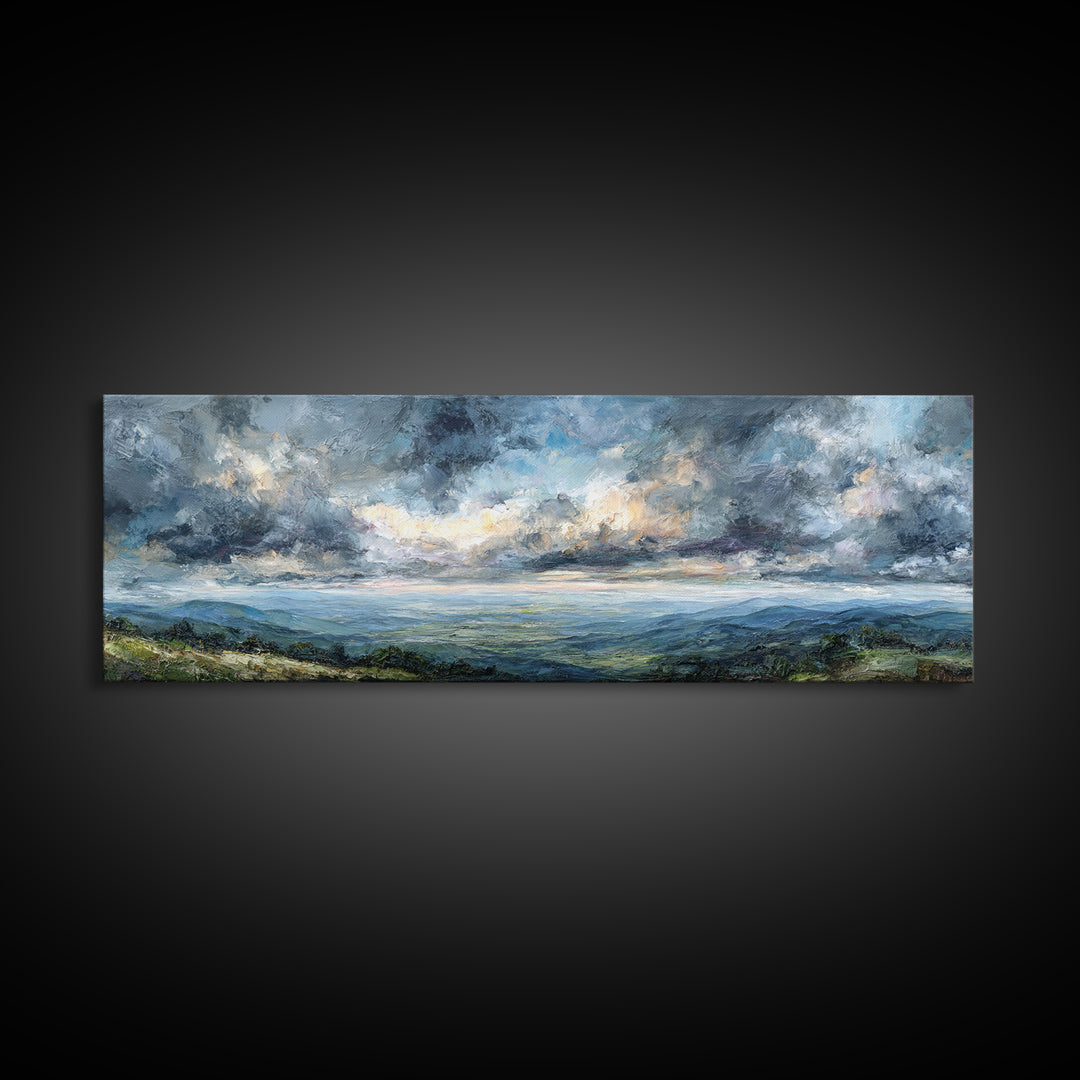 Dramatic Cloudscape over a Distant Valley Canvas Print, Above Sofa Art, Coastal Wall Art, Living Room Decor, Oil Painting, ASA-3x1-93