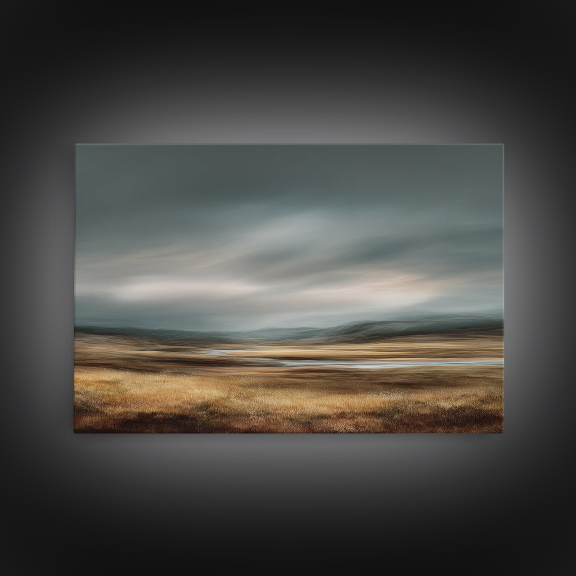 Wide Olive and Beige Meadow Panorama Framed Canvas Print, Above Sofa Art, Living Room Decor, Oil Painting, Statement, ASA-3x2-14