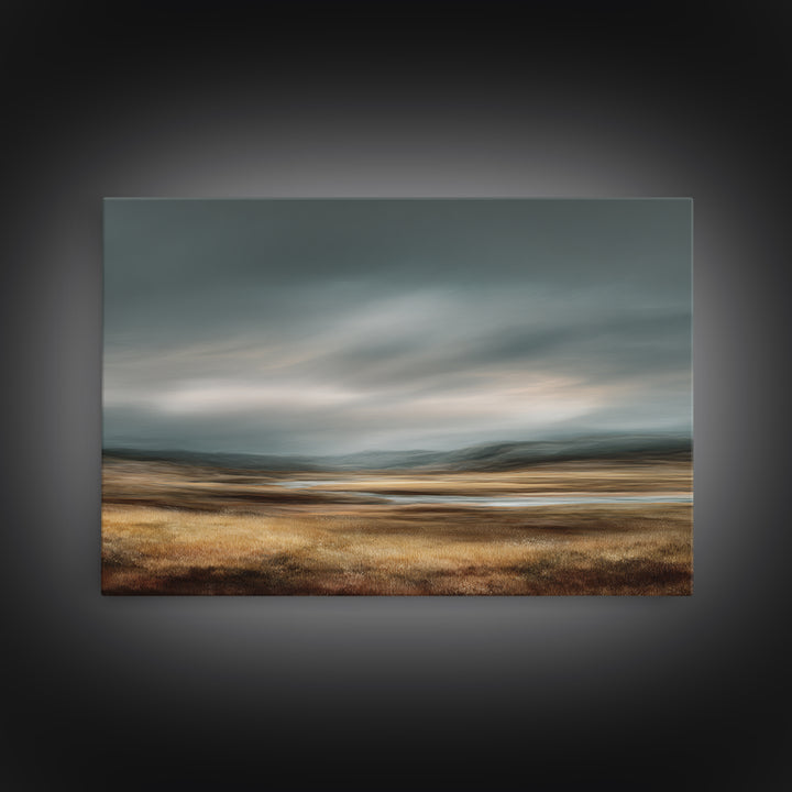Wide Olive and Beige Meadow Panorama Framed Canvas Print, Above Sofa Art, Living Room Decor, Oil Painting, Statement, ASA-3x2-14