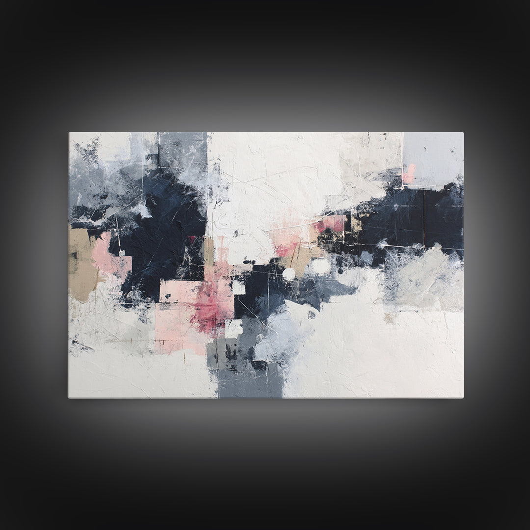 Bold Navy and Ivory Abstract Brushwork Framed Canvas Print, Above Sofa Art, Living Room Decor, Abstract Art, Statement, ASA-3x2-46