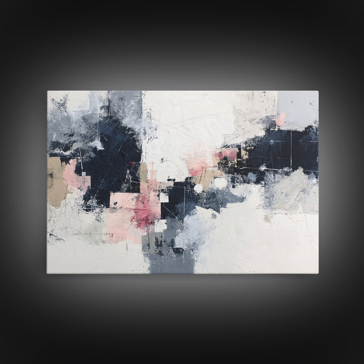 Bold Navy and Ivory Abstract Brushwork Framed Canvas Print, Above Sofa Art, Living Room Decor, Abstract Art, Statement, ASA-3x2-46