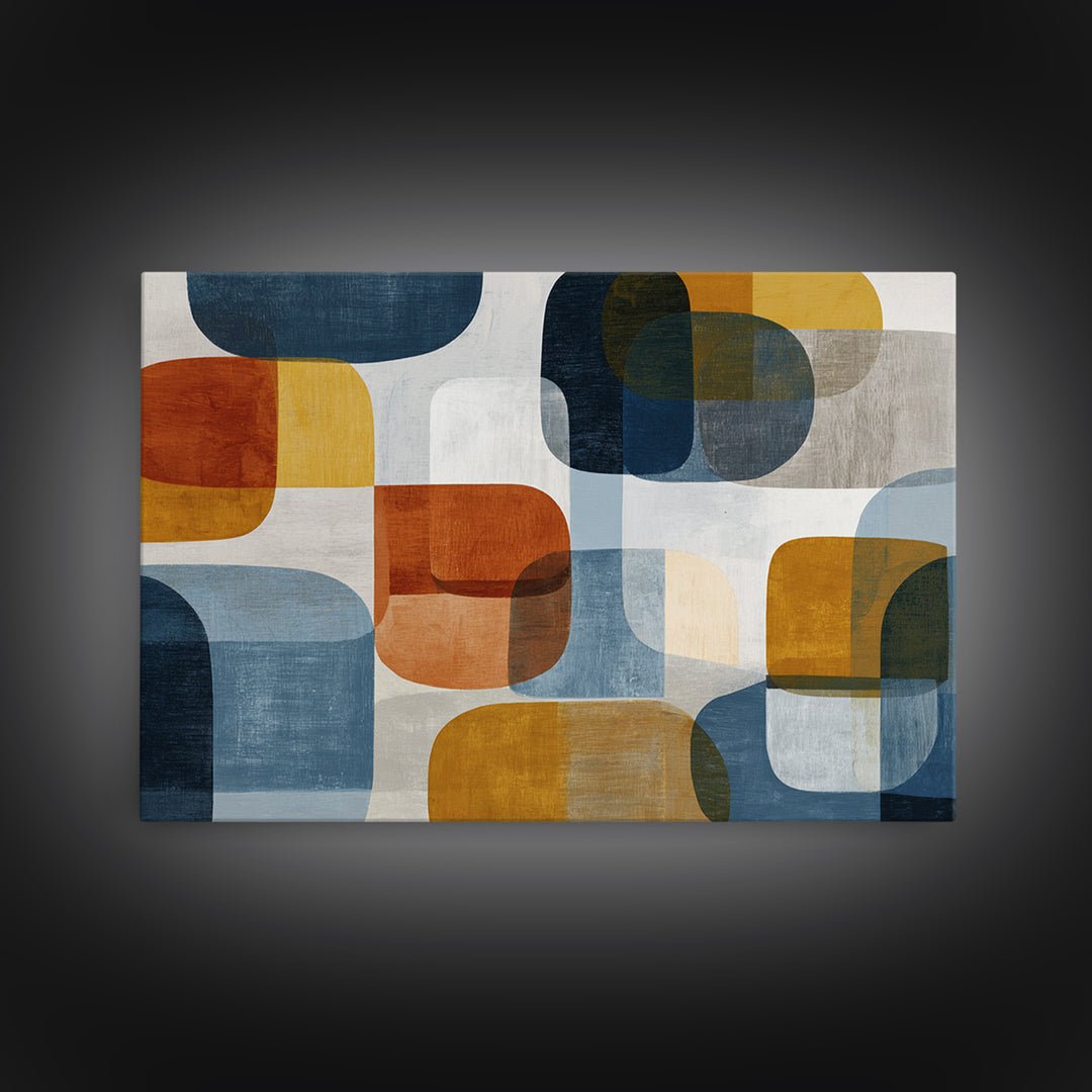 Bold Mid Century Geometric Forms Framed Canvas Print, Above Sofa Art, Floral Wall Art, Living Room Decor, Abstract Art, ASA-3x2-80